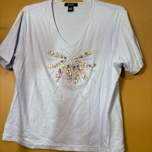 HC674 Pretty CRYSTAL KOBE Womens Blue  Beaded Knit Top Size XL